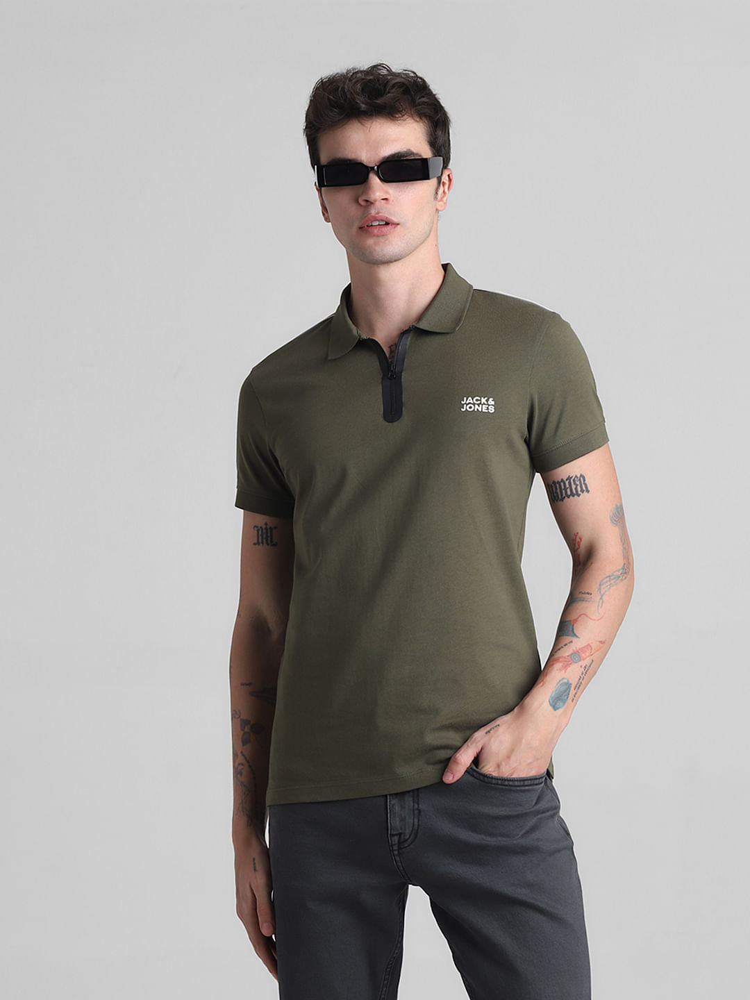 Olive Zip Detail Polo T-shirt - S