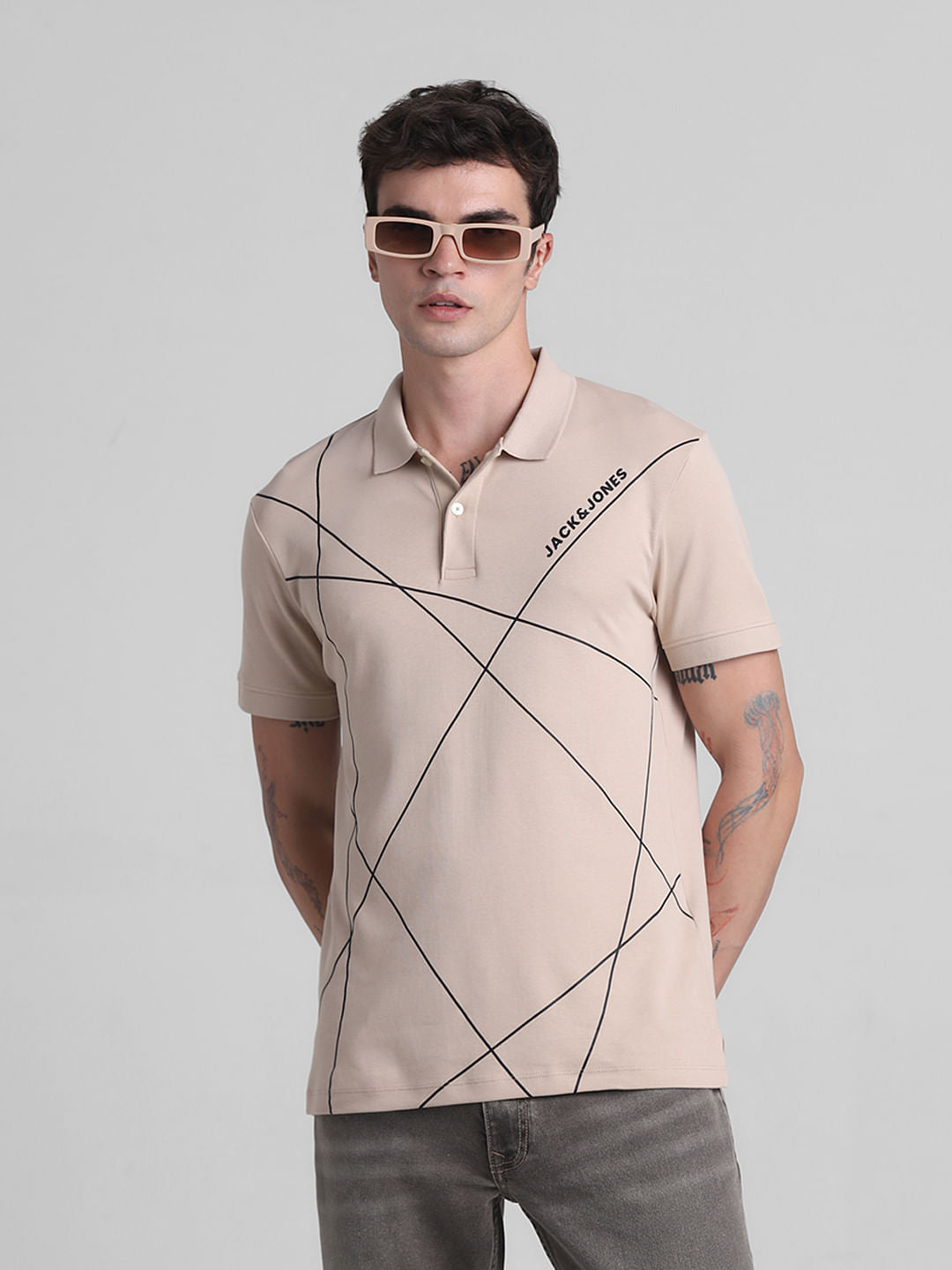 Light Brown Printed Cotton Polo T-shirt - S