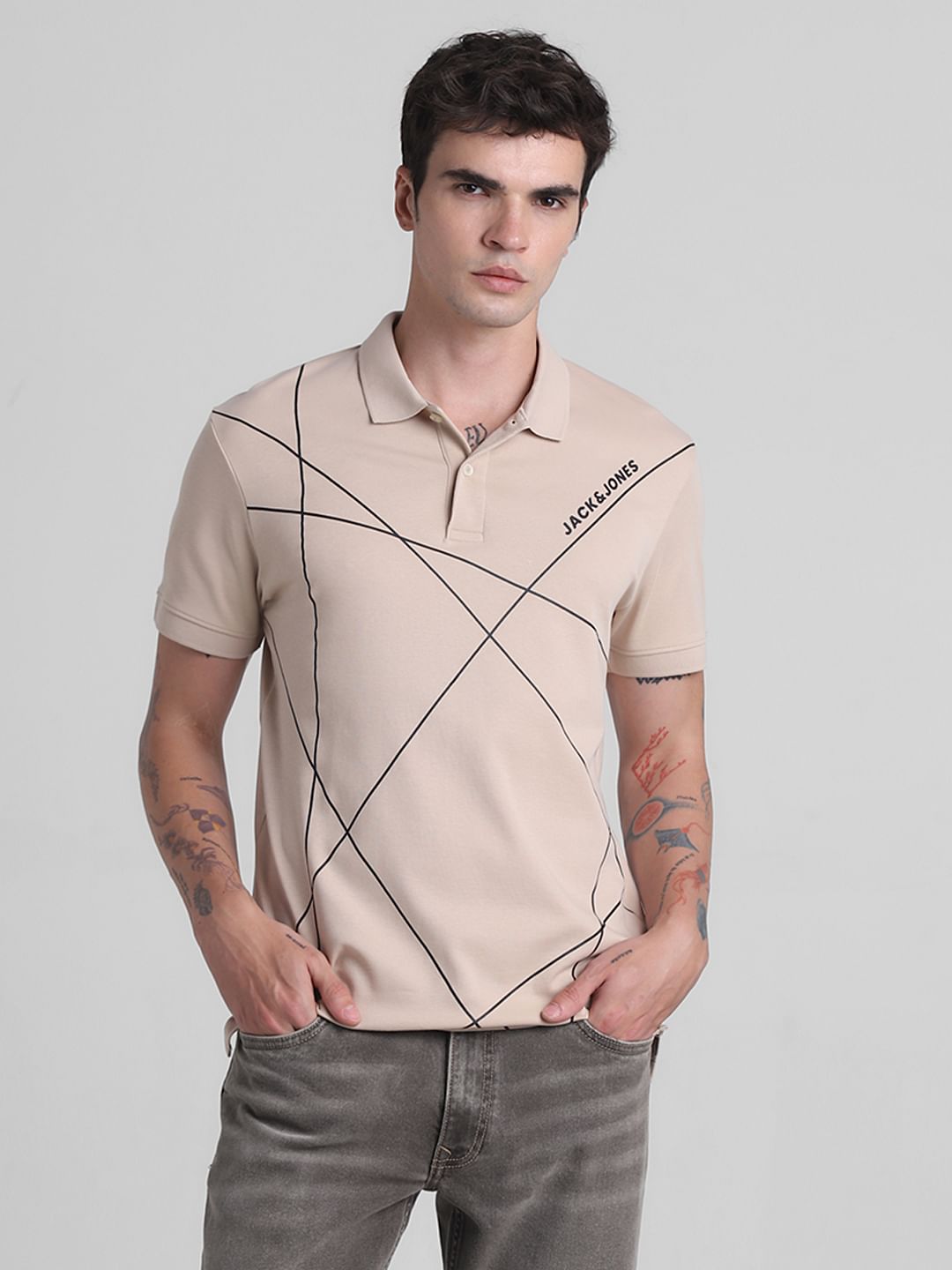 Light Brown Printed Cotton Polo T-shirt