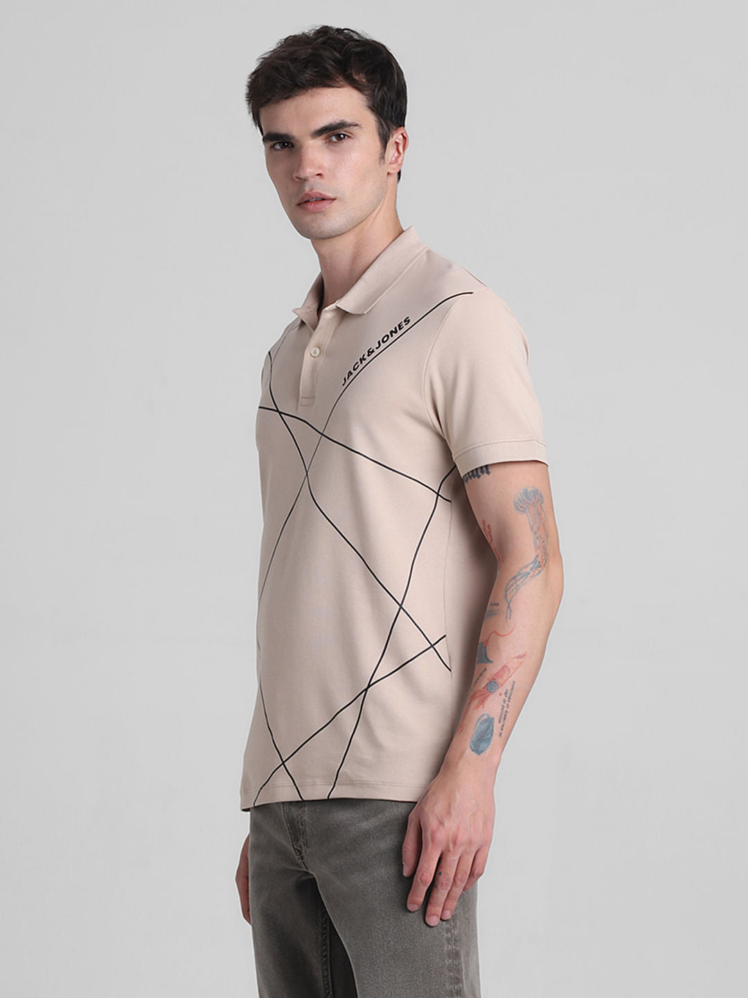 Light Brown Printed Cotton Polo T-shirt