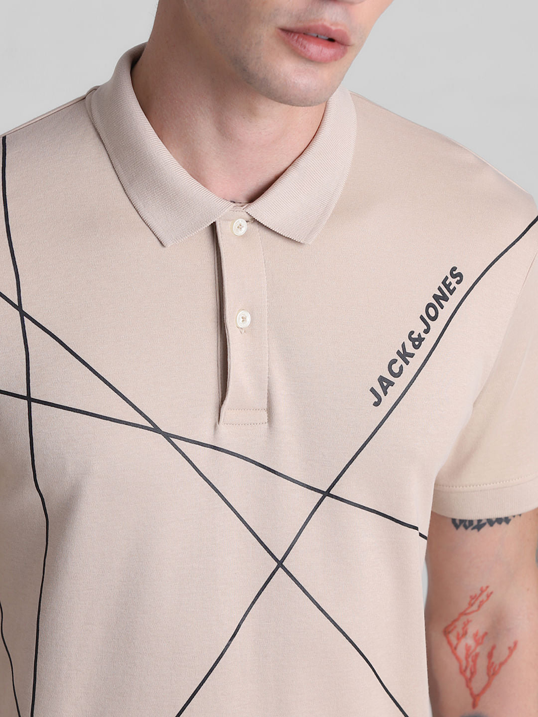 Light Brown Printed Cotton Polo T-shirt