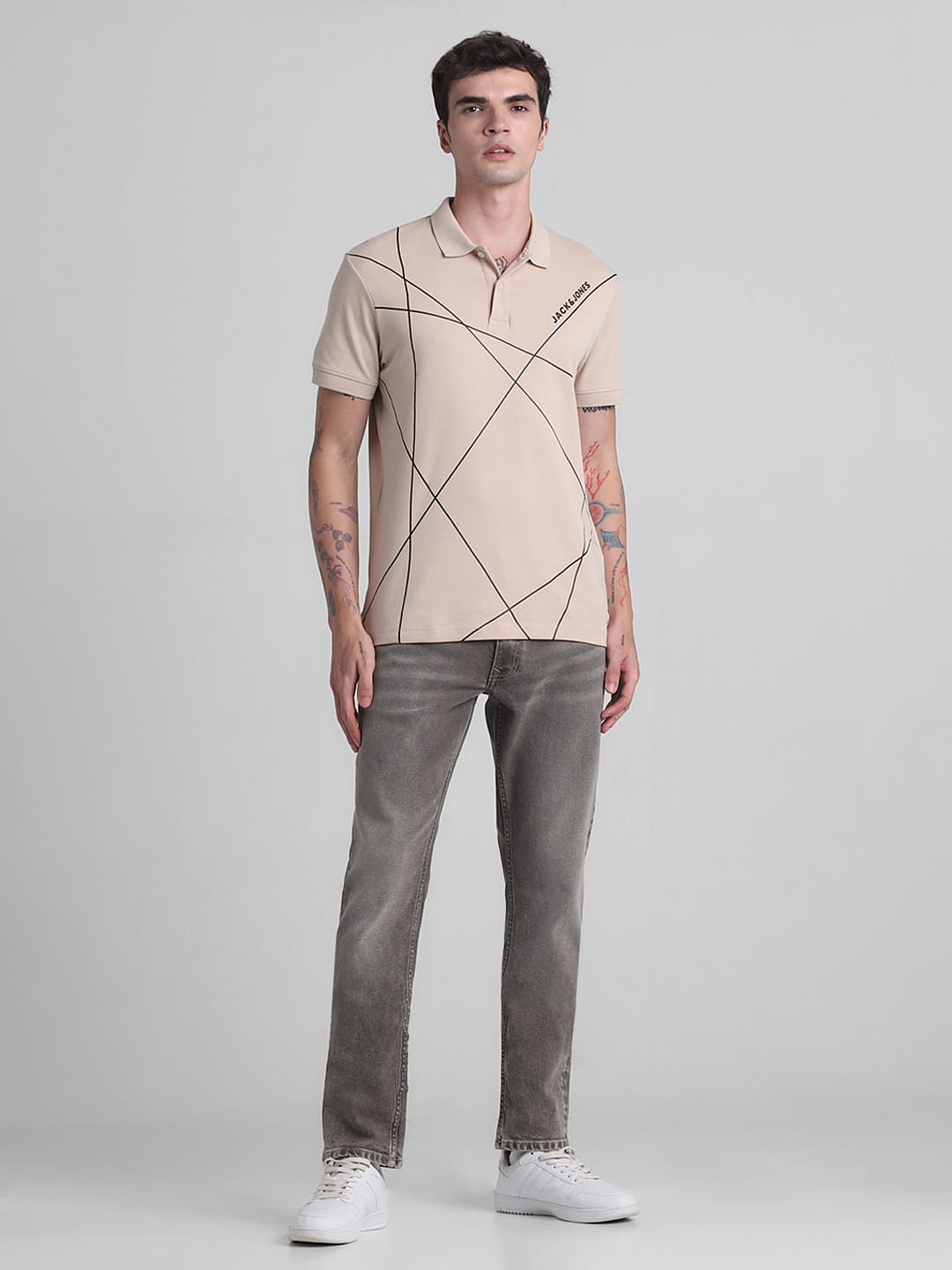 Light Brown Printed Cotton Polo T-shirt