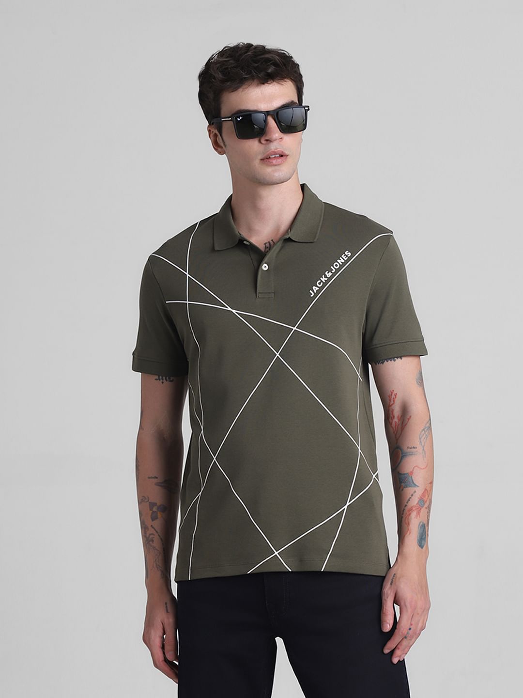 Olive Printed Cotton Polo T-shirt - S