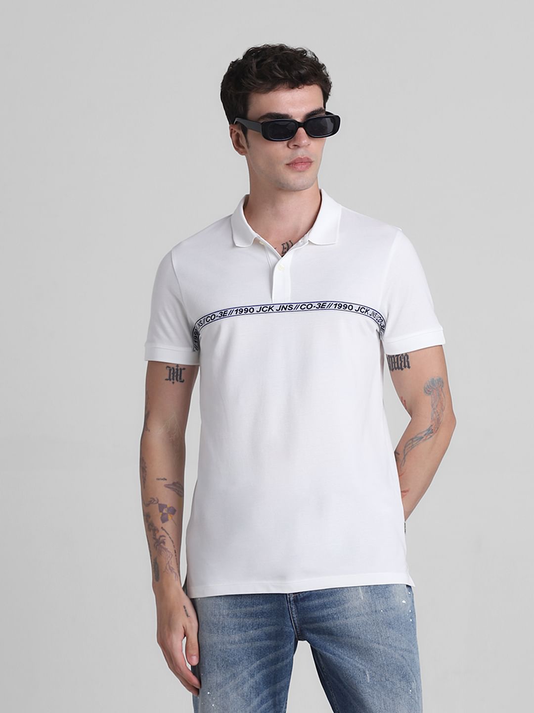 White Logo Tape Print Polo T-shirt