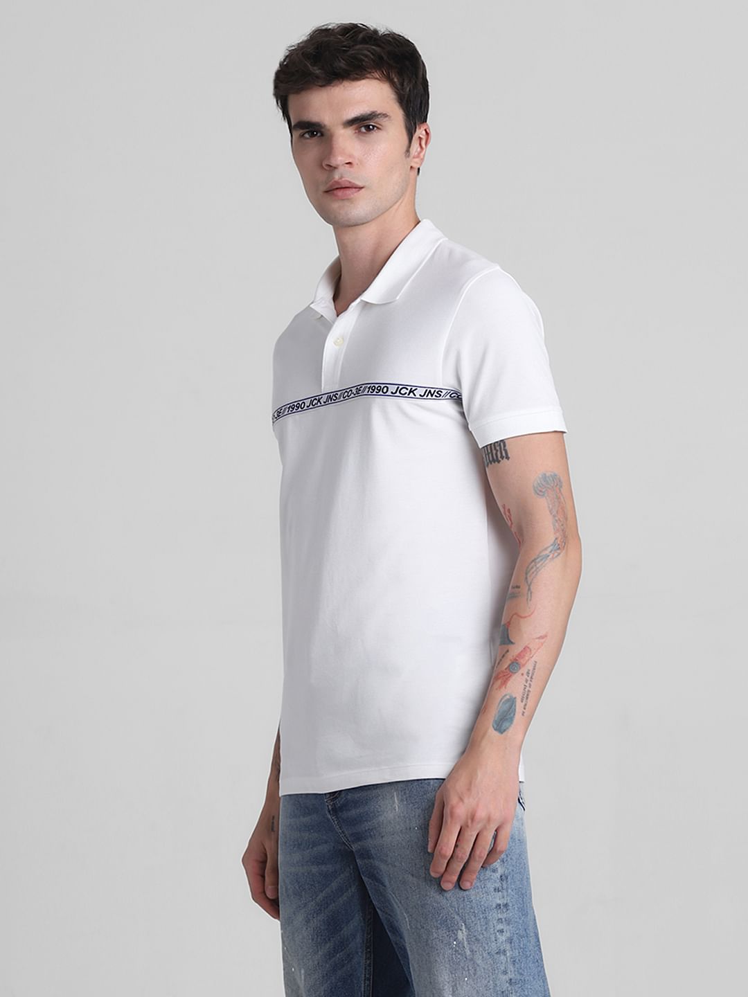 White Logo Tape Print Polo T-shirt