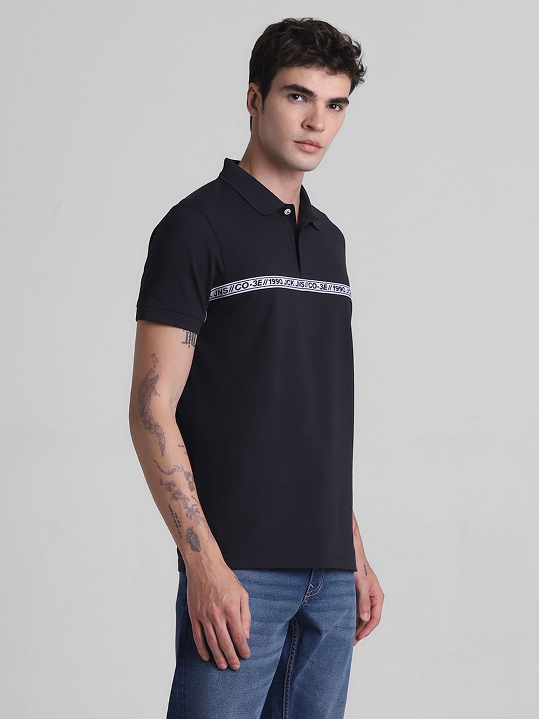 Black Logo Tape Print Polo T-shirt