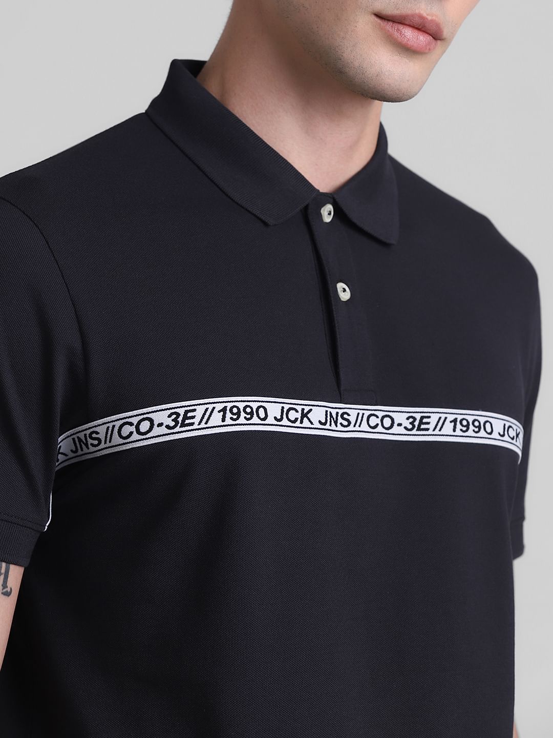 Black Logo Tape Print Polo T-shirt