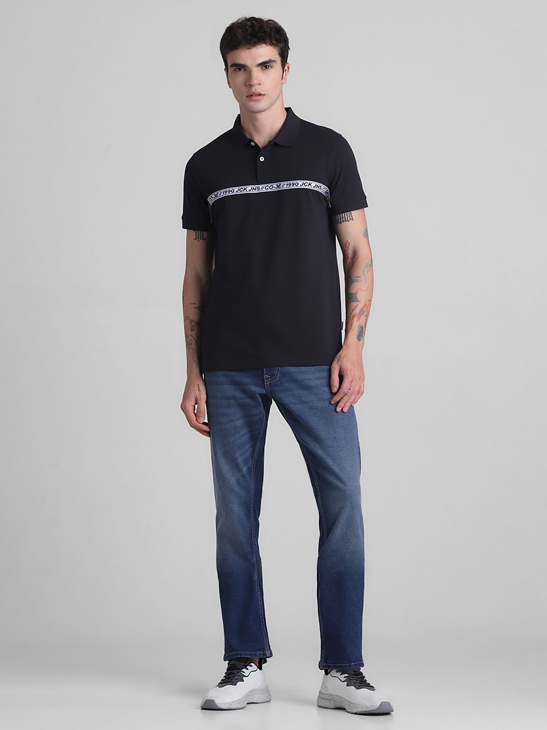 Black Logo Tape Print Polo T-shirt