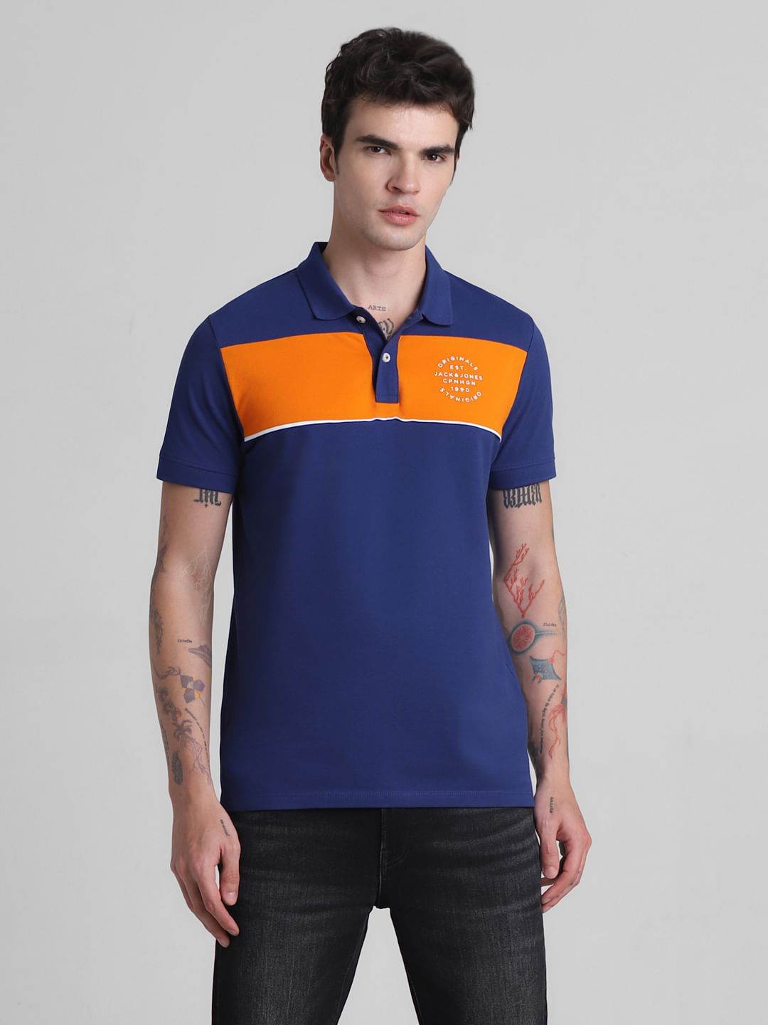 Blue Colourblocked Contrast Tipping Polo