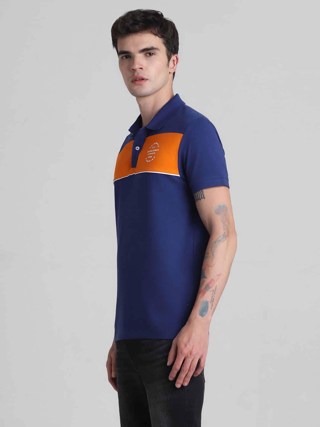 Blue Colourblocked Contrast Tipping Polo