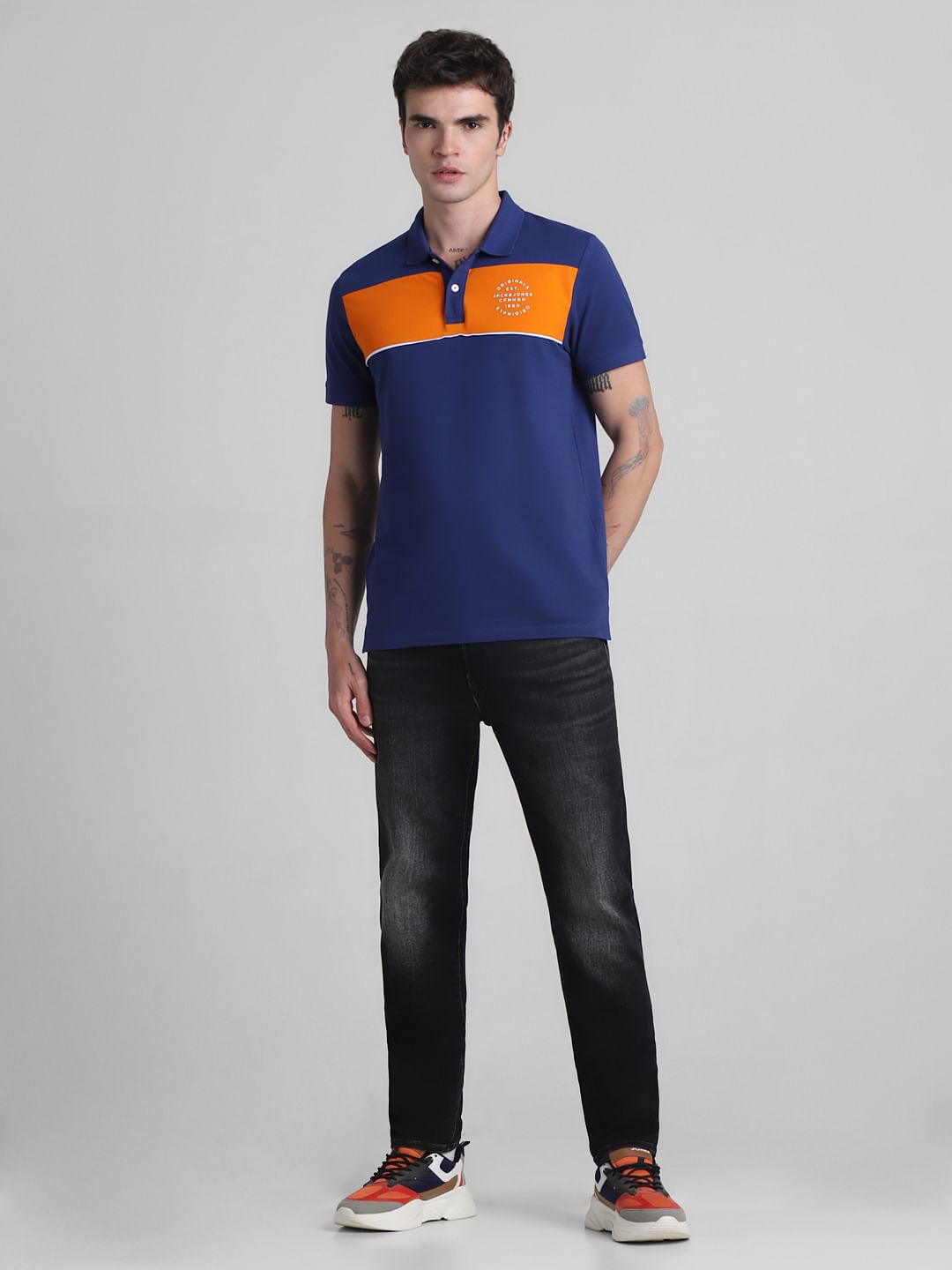 Blue Colourblocked Contrast Tipping Polo