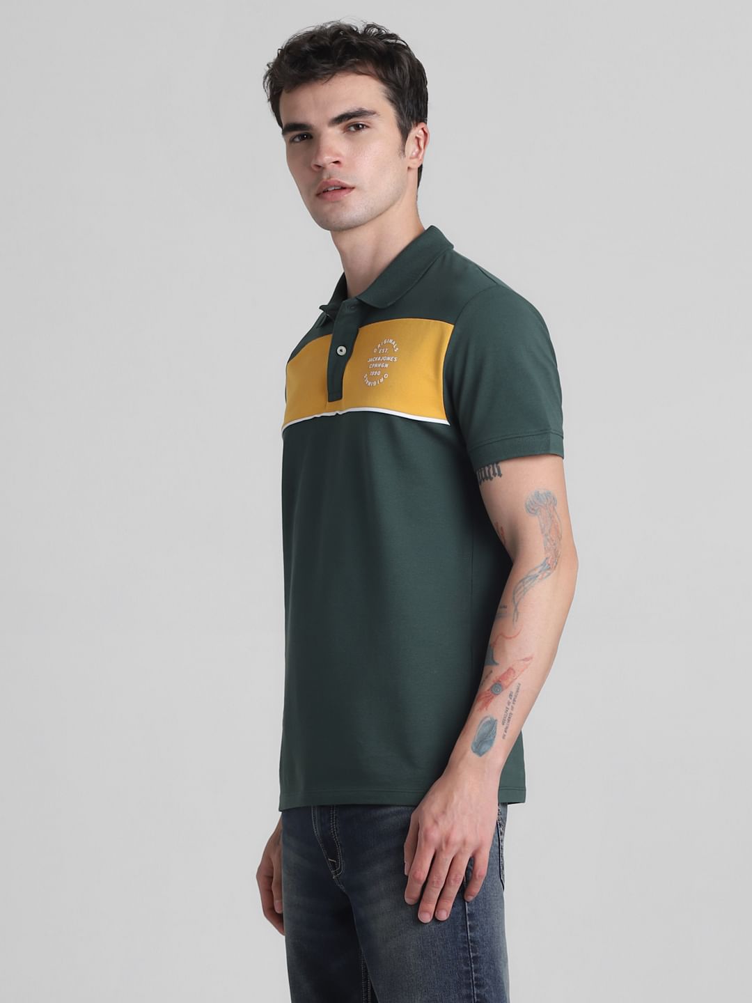 Green Colourblocked Contrast Tipping Polo