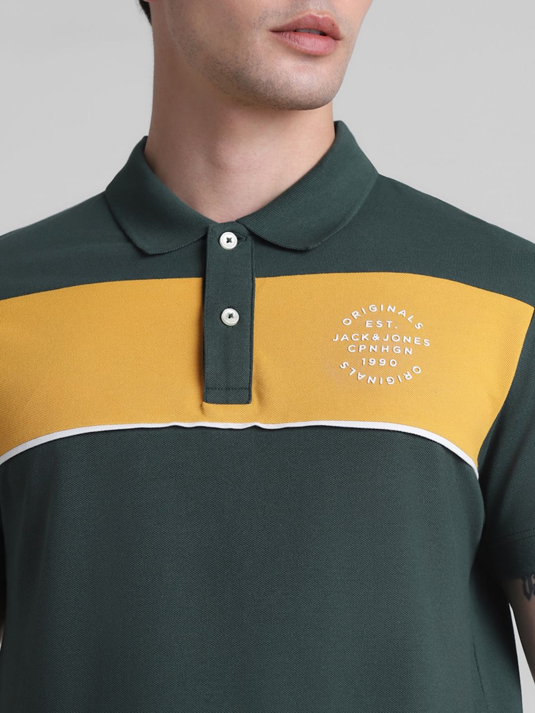 Green Colourblocked Contrast Tipping Polo