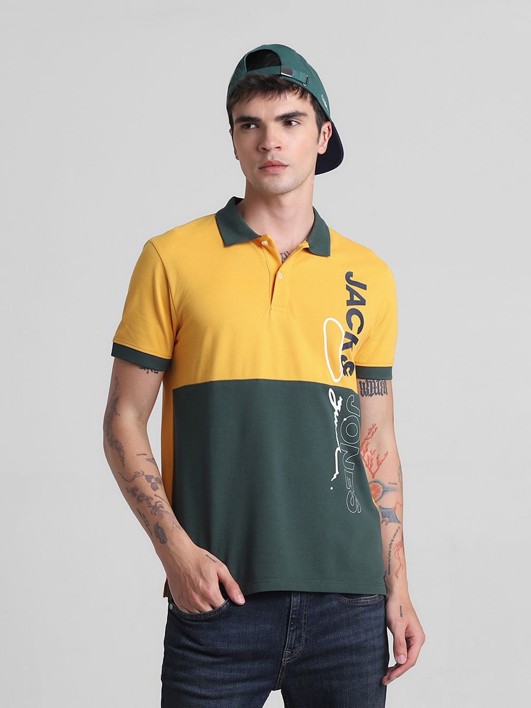 Yellow Colourblocked Cotton Polo T-shirt - S