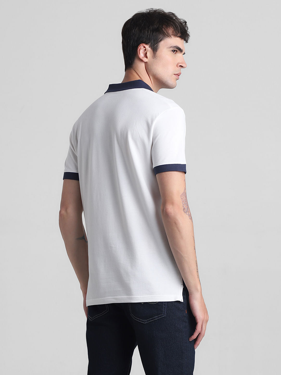 White Colourblocked Cotton Polo T-shirt