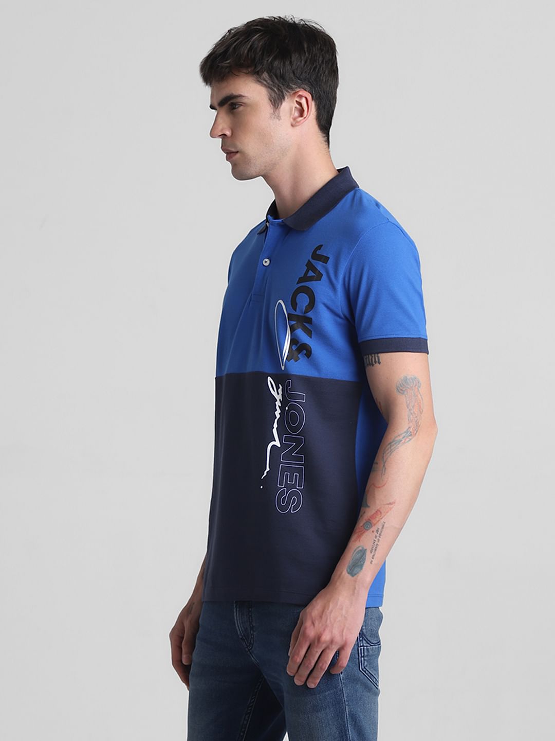 Blue Colourblocked Cotton Polo T-shirt