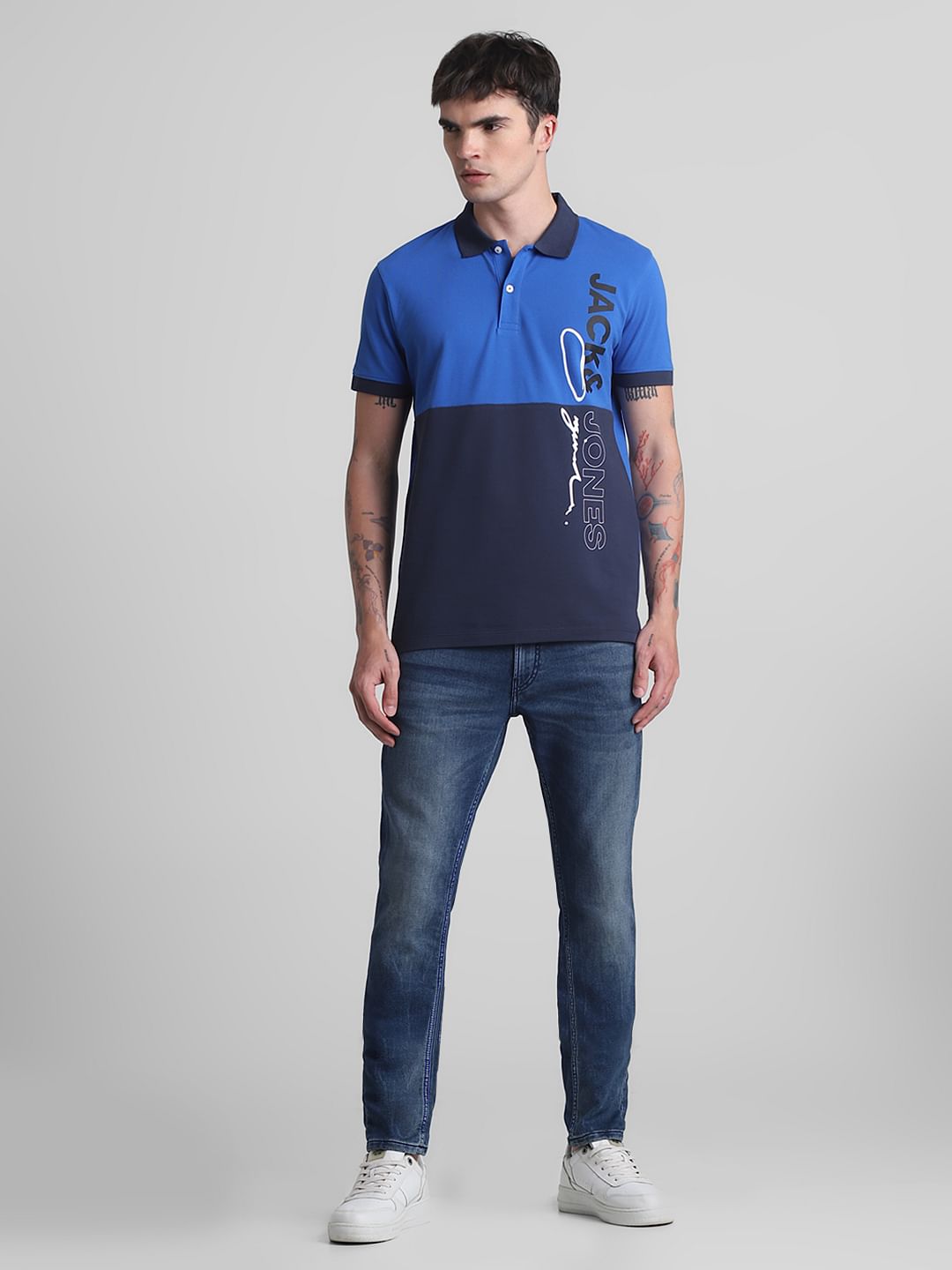 Blue Colourblocked Cotton Polo T-shirt
