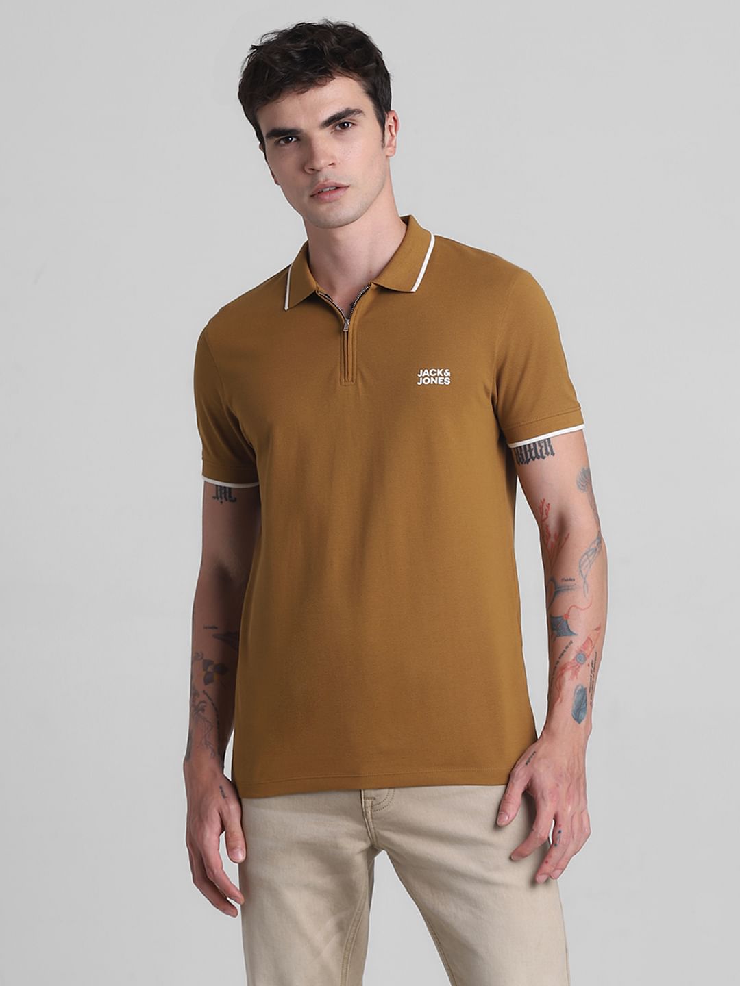 Brown Zip Detail Polo T-shirt