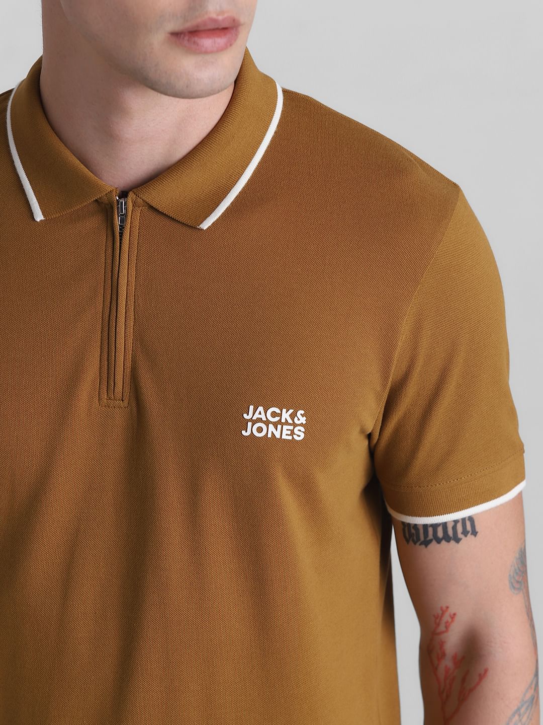 Brown Zip Detail Polo T-shirt