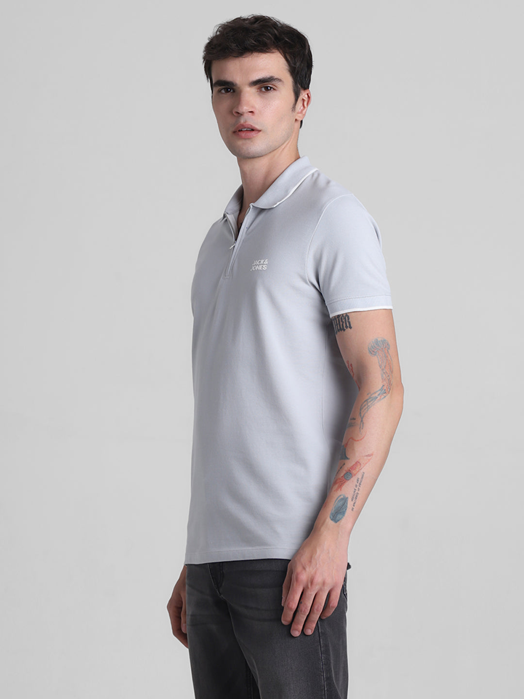 Grey Zip Detail Polo T-shirt