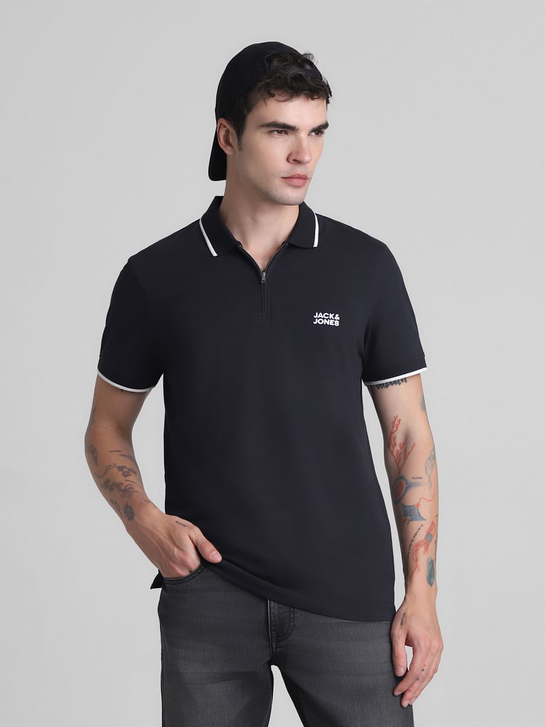 Black Zip Detail Polo T-Shirt - S