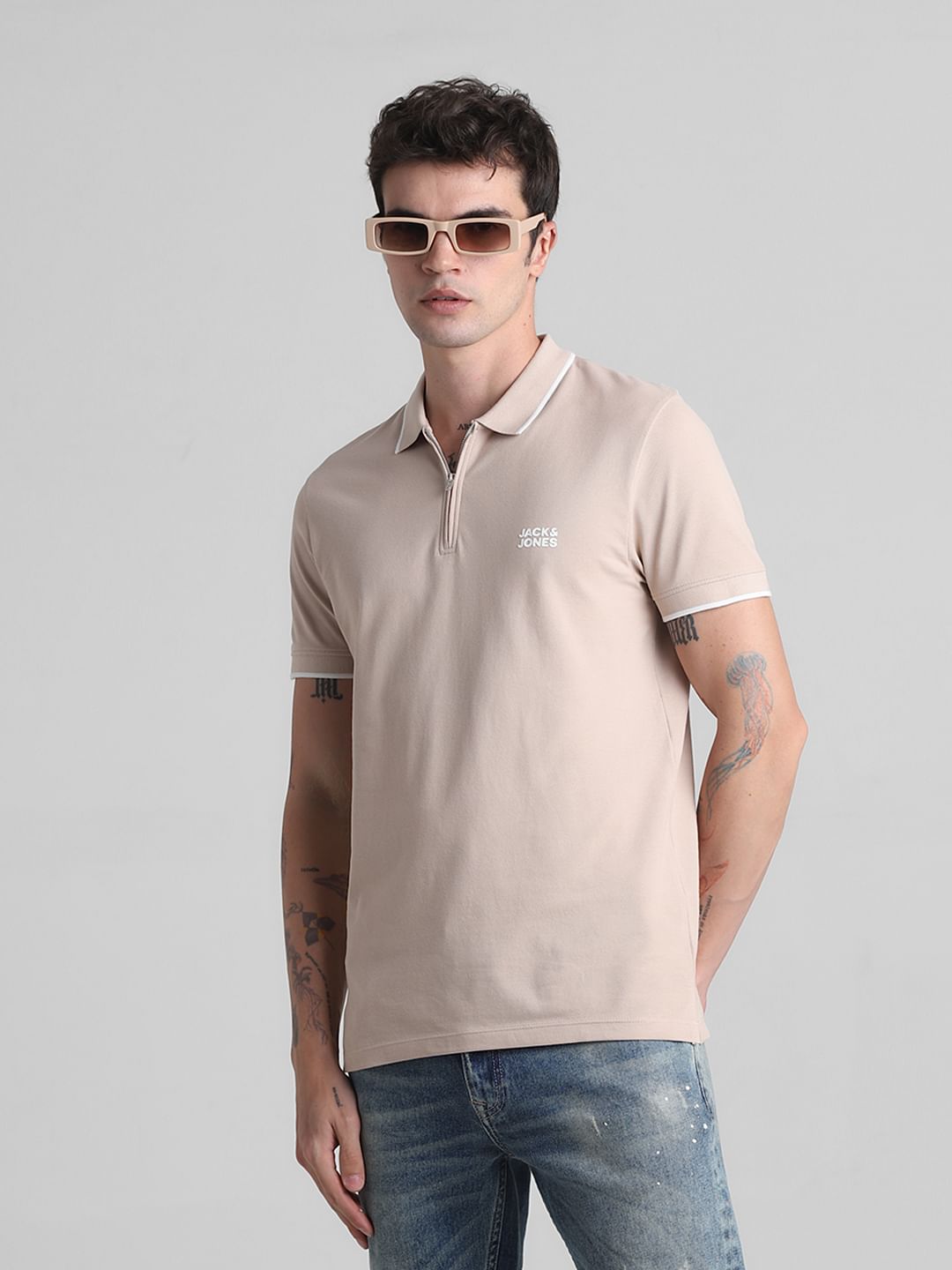 Light Brown Zip Detail Polo T-shirt - S