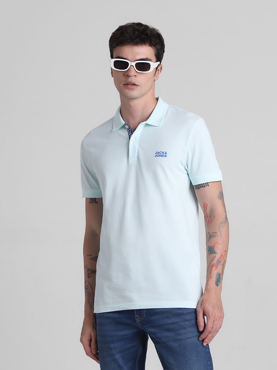 Blue Check Placket Polo T-shirt - S