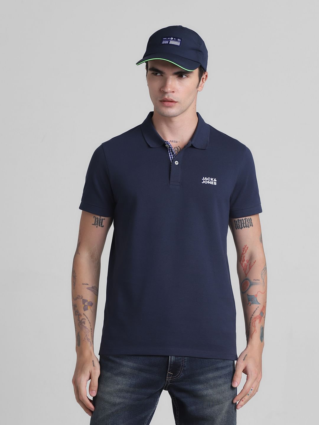 Blue Ribbed Sleeves Polo T-Shirt - S