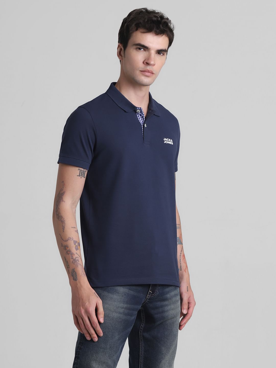 Blue Ribbed Sleeves Polo T-Shirt