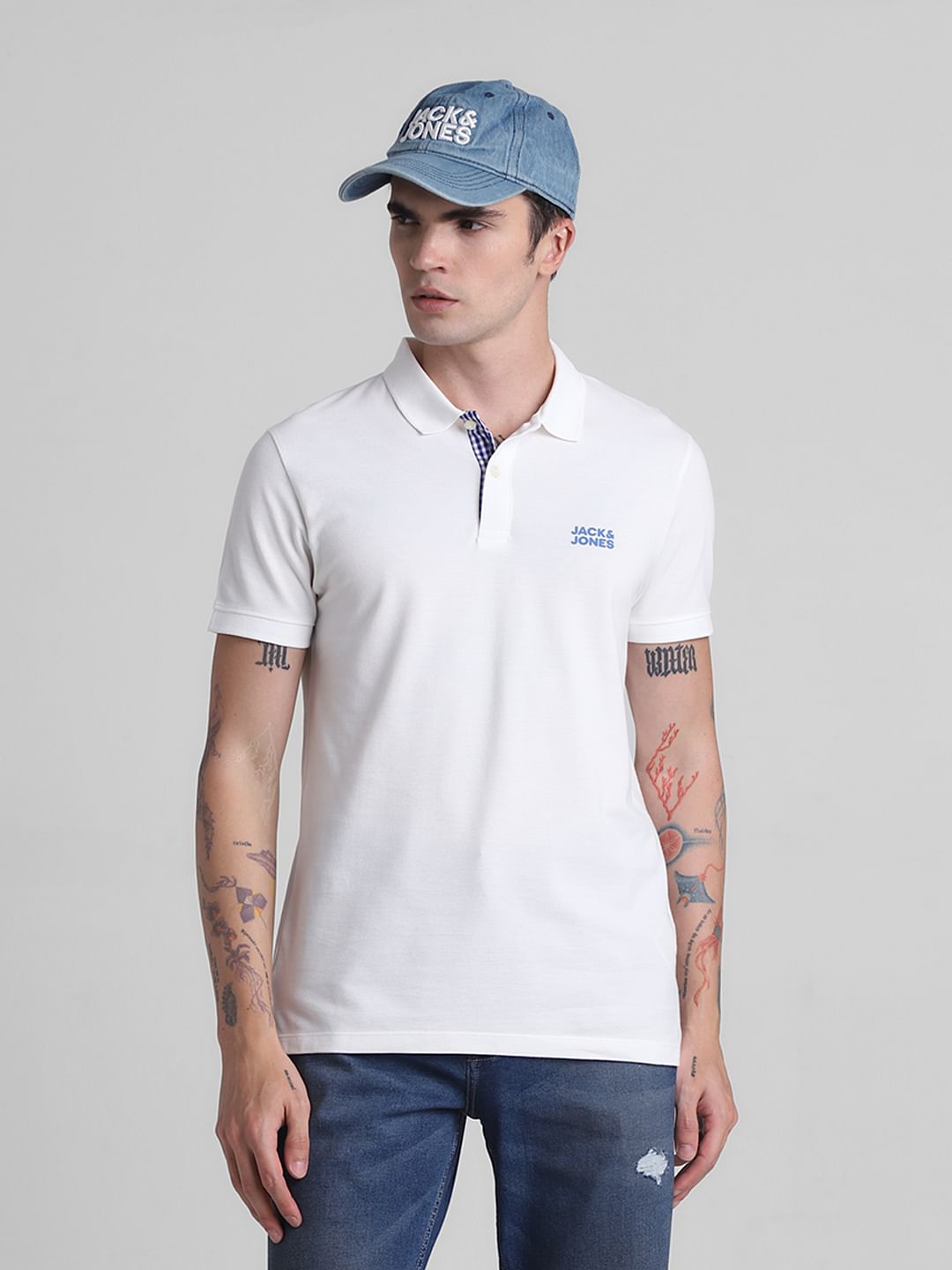 White Check Placket Polo T-shirt - S