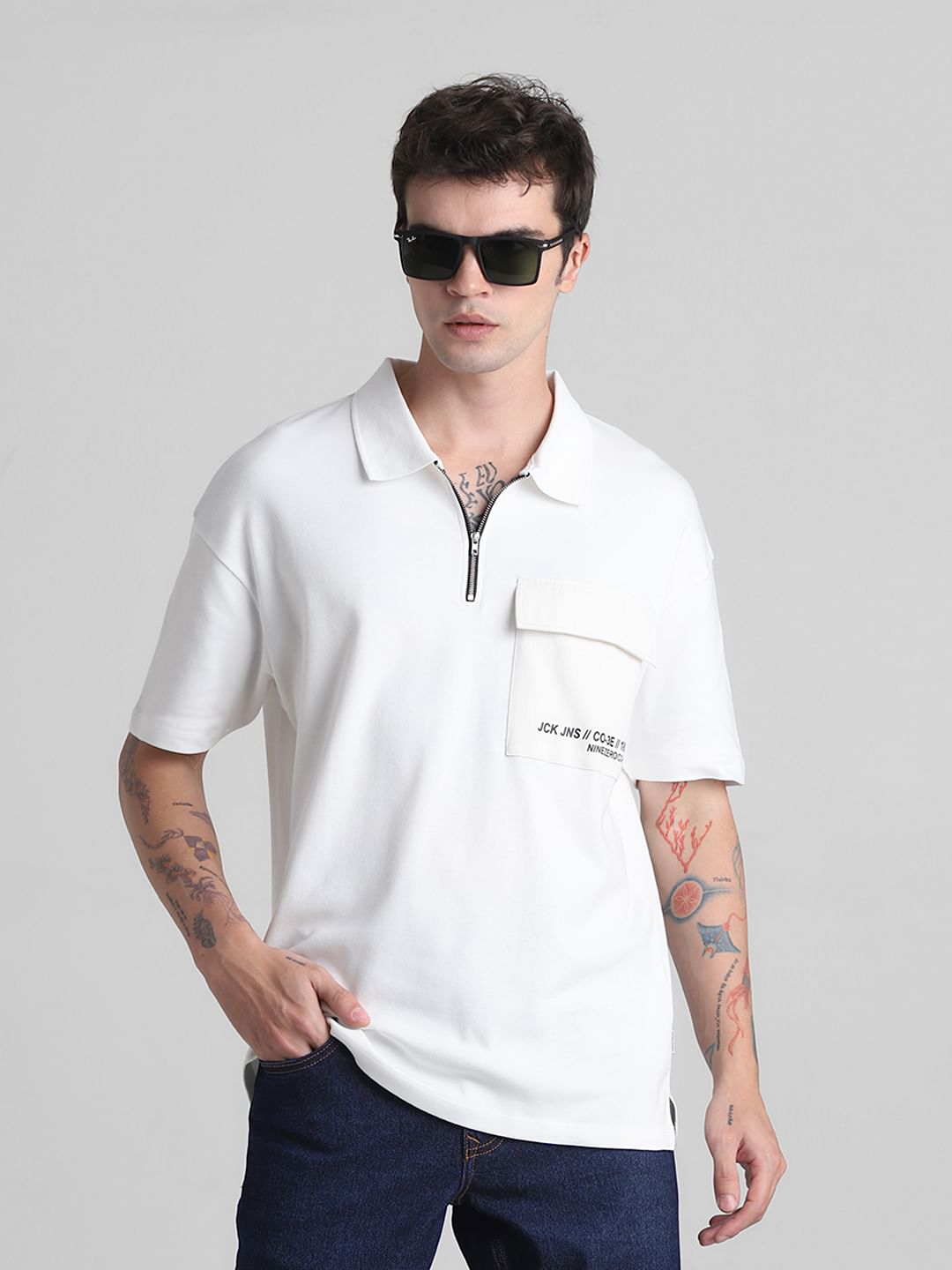 White Zip-Up Oversized Polo T-shirt - M