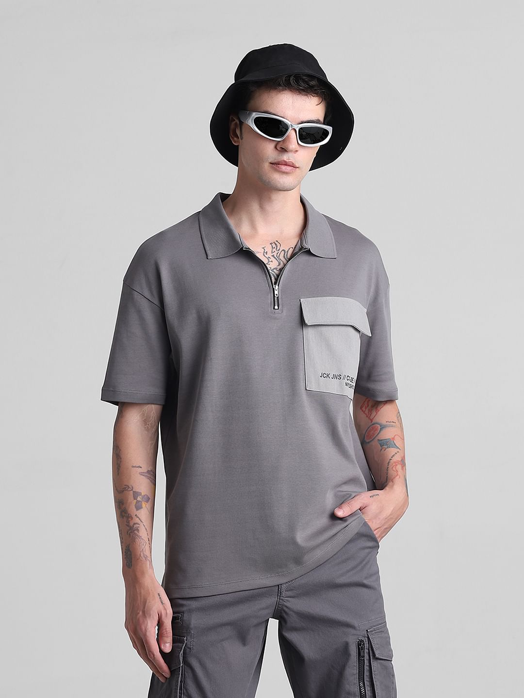 Grey Zip-Up Oversized Polo T-shirt - S