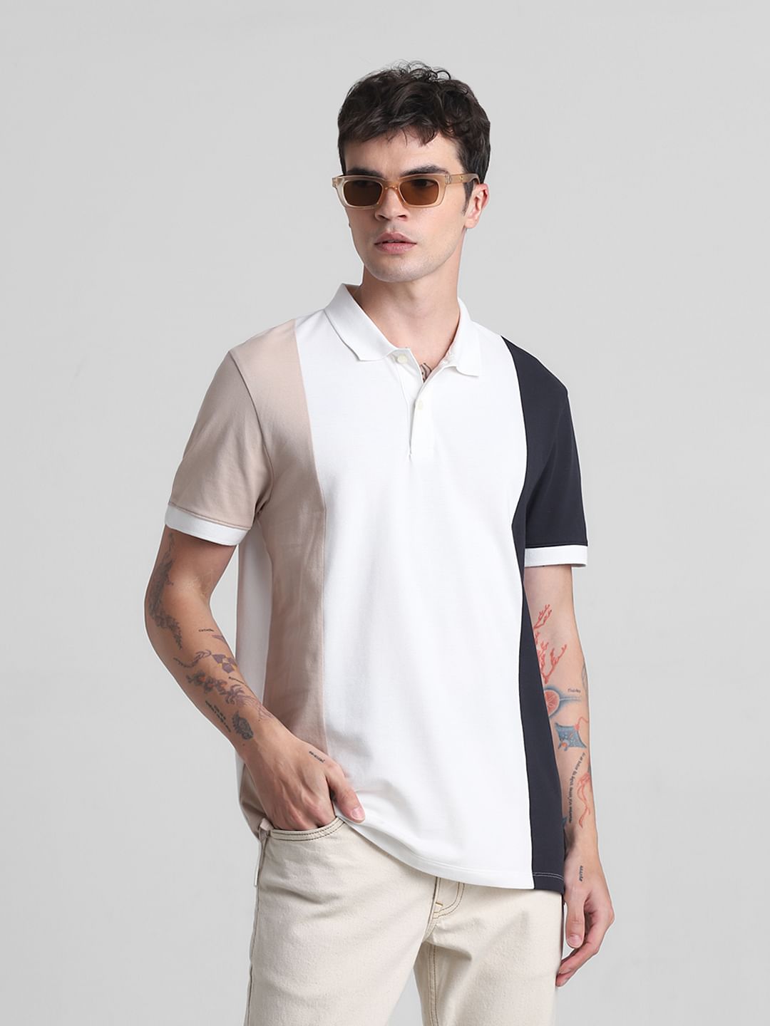 Beige Colourblocked Cotton Polo T-shirt - S