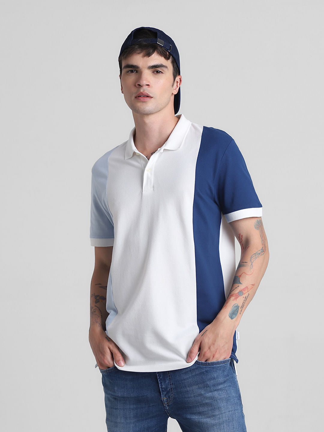 Blue Colourblocked Cotton Polo T-shirt - S