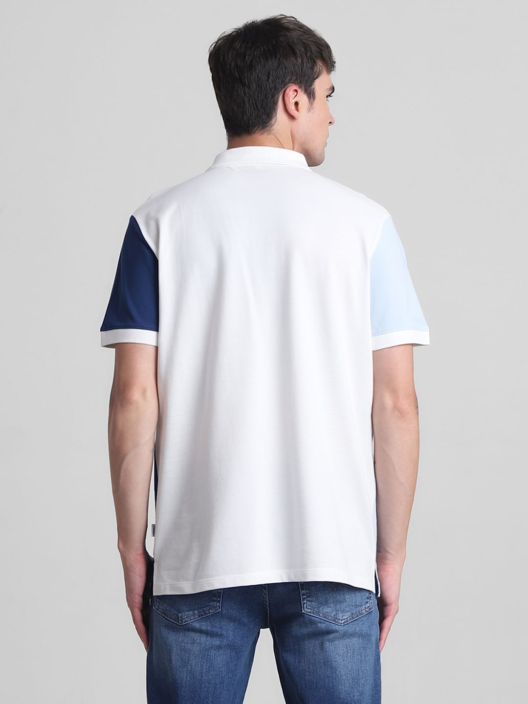 Blue Colourblocked Cotton Polo T-shirt