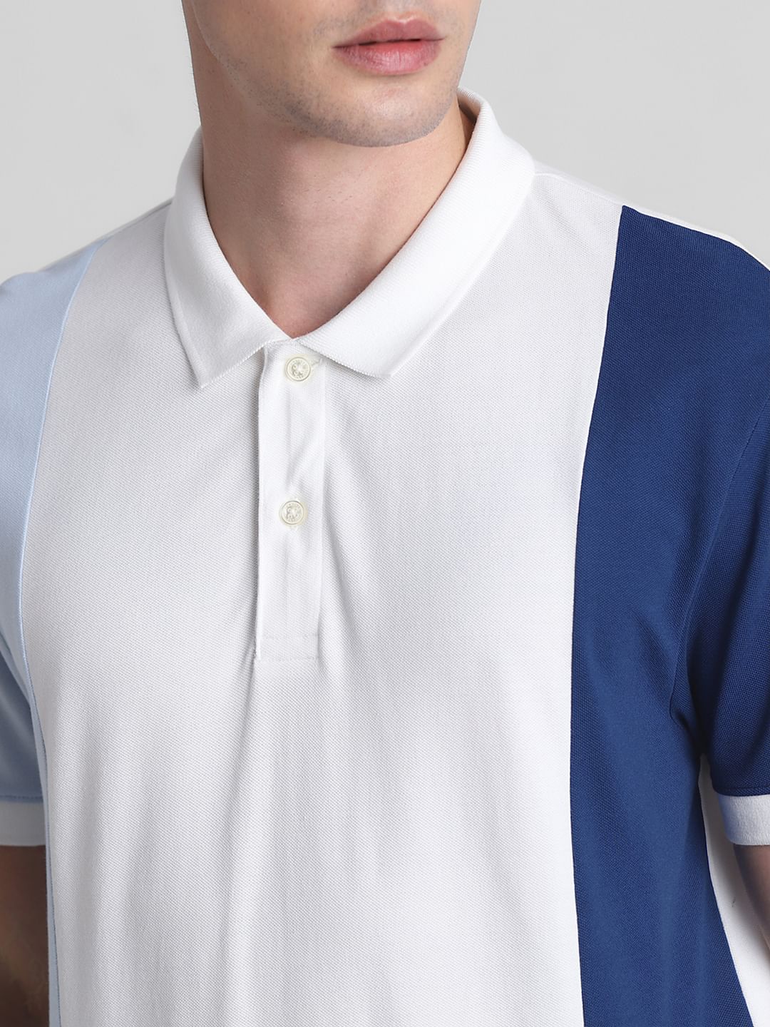 Blue Colourblocked Cotton Polo T-shirt