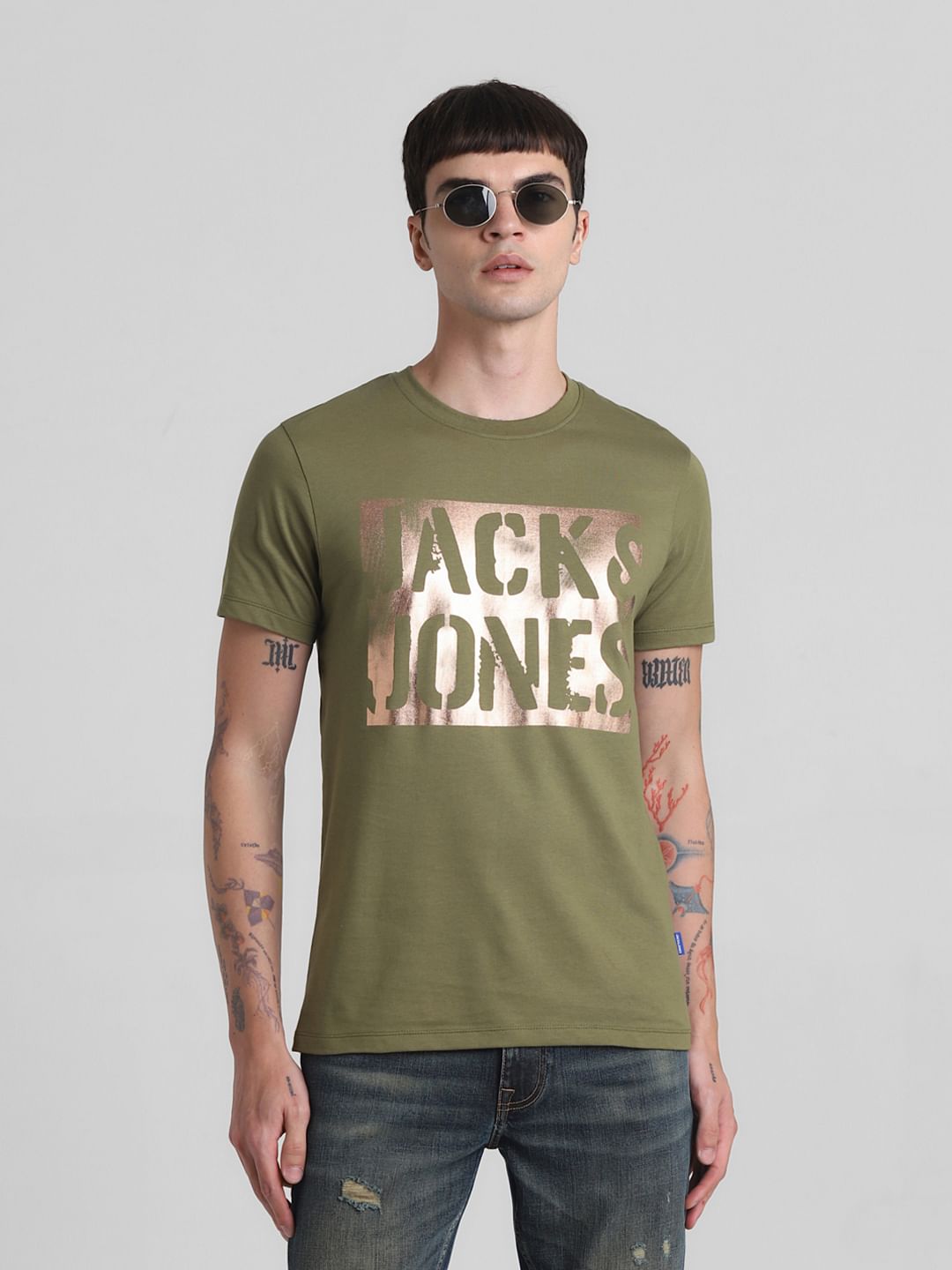 Green Foil Print Crew Neck T-shirt - M