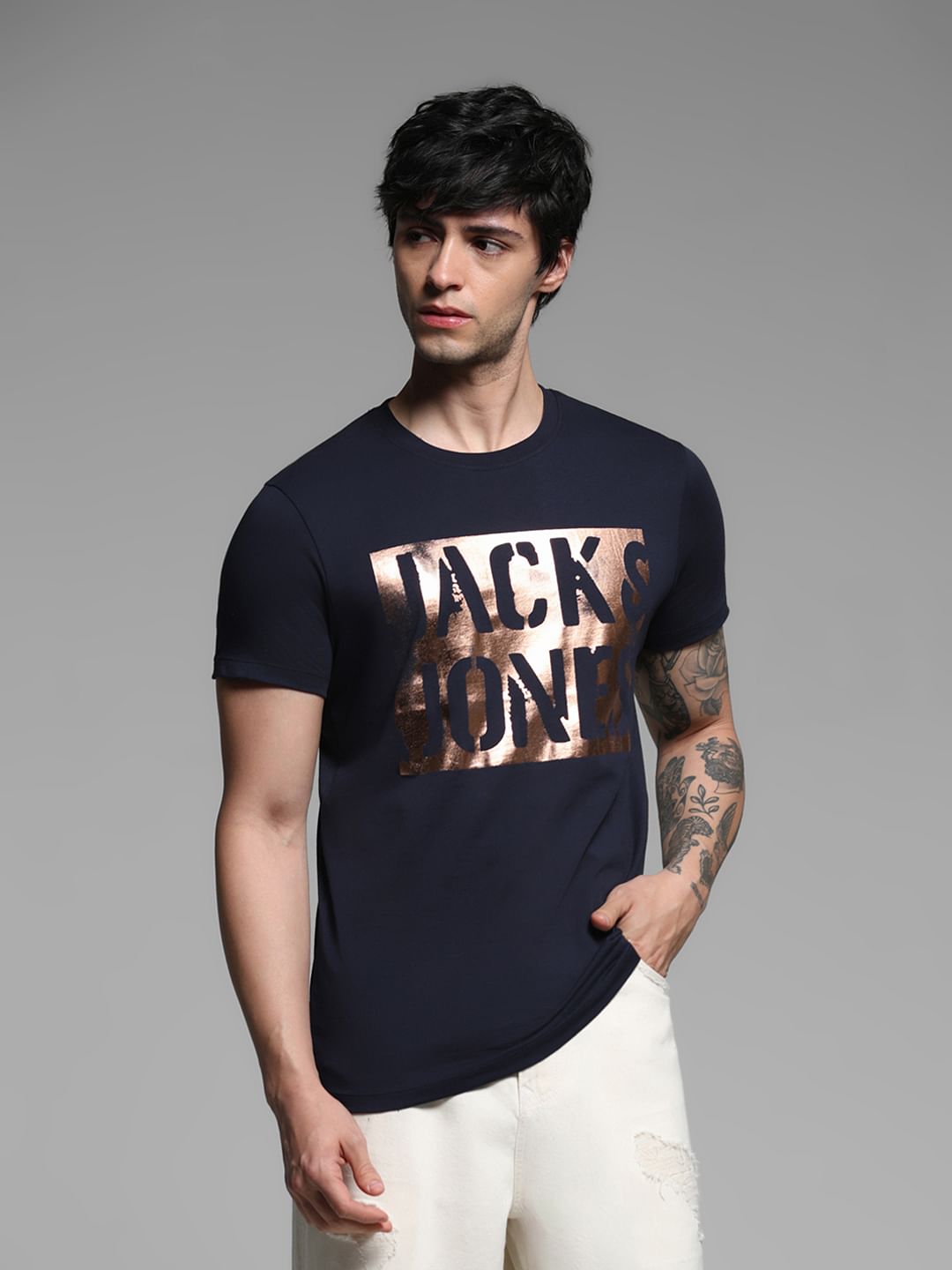 Navy Blue Foil Print T-shirt - XXL
