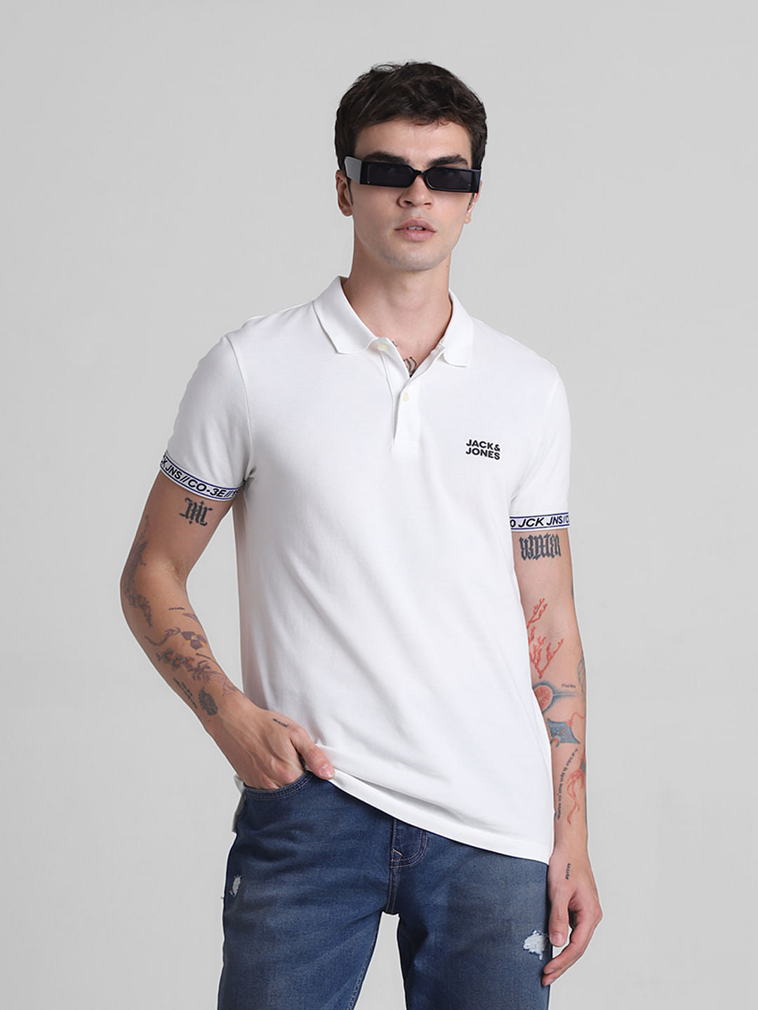 White Logo Tape Print Polo T-shirt - S