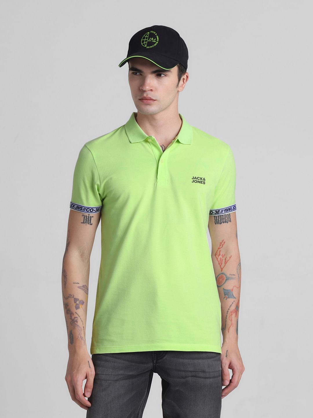 Green Ribbed Sleeves Polo T-Shirt - S