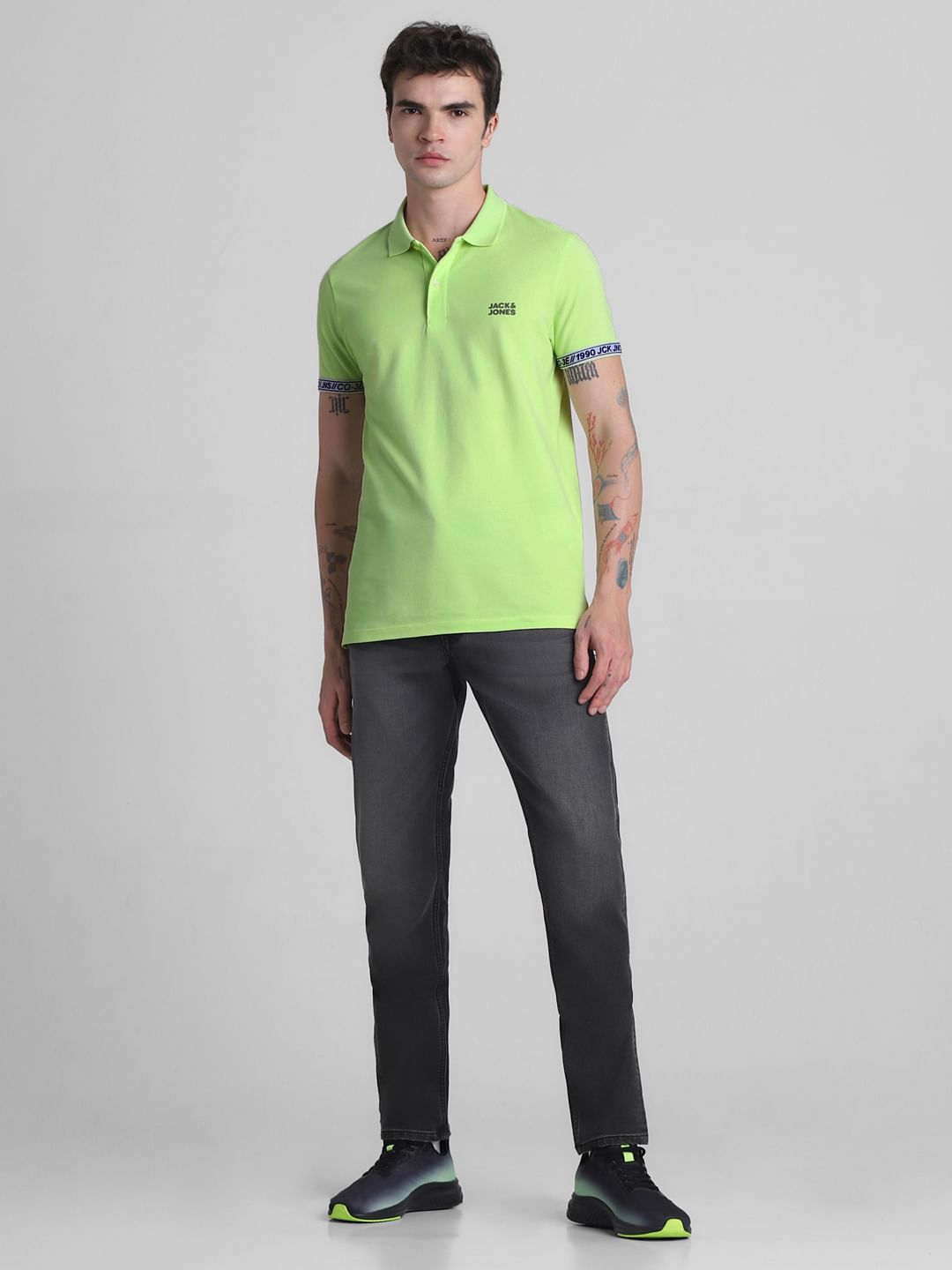 Green Ribbed Sleeves Polo T-Shirt
