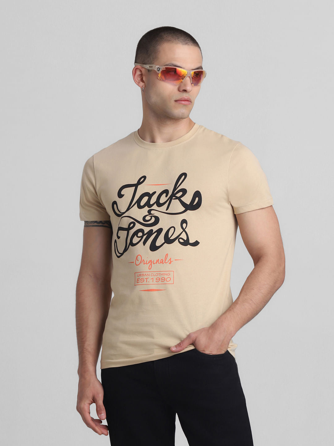 Brown Text Print Crew Neck T-shirt - S