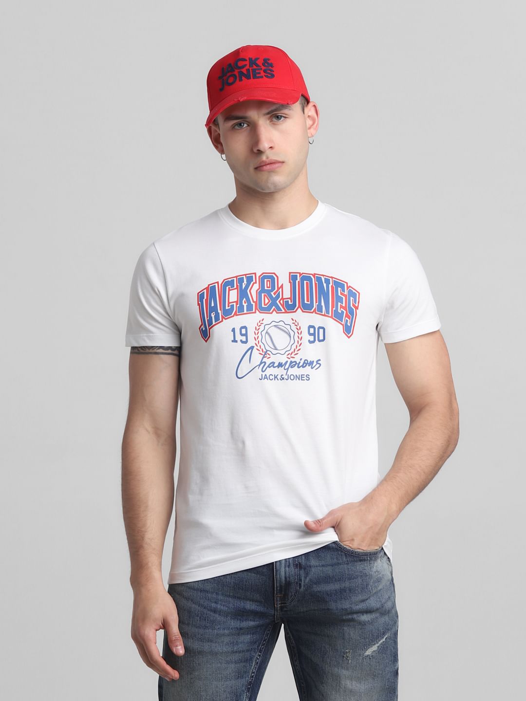 White Logo Print Crew Neck T-shirt - M