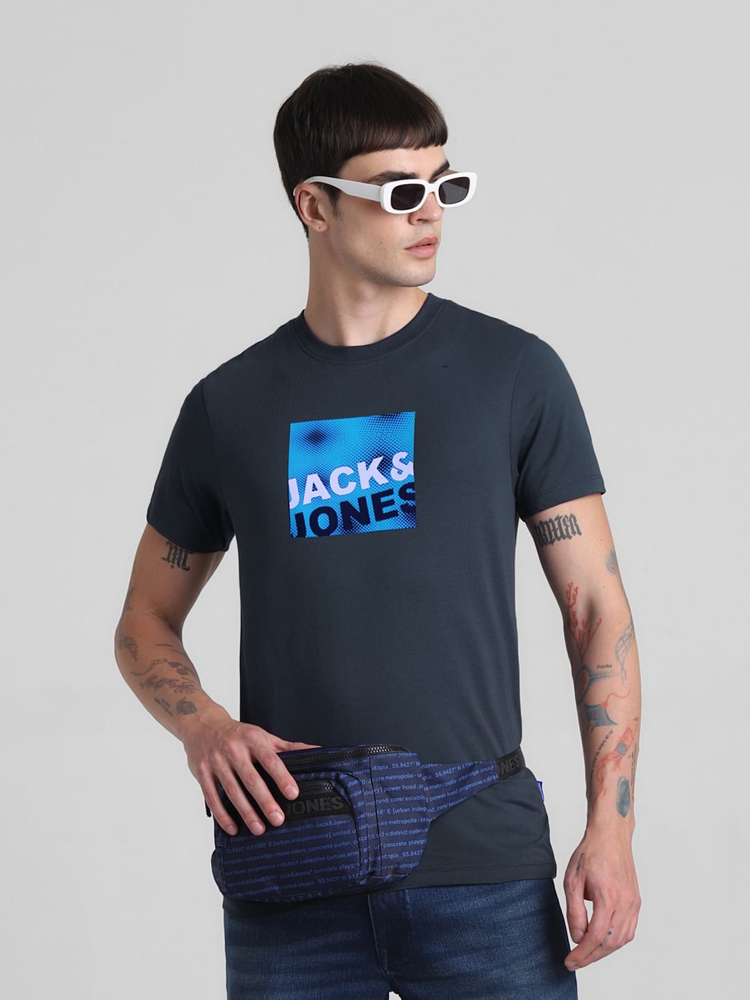 Dark Blue Logo Print Crew Neck T-shirt - S