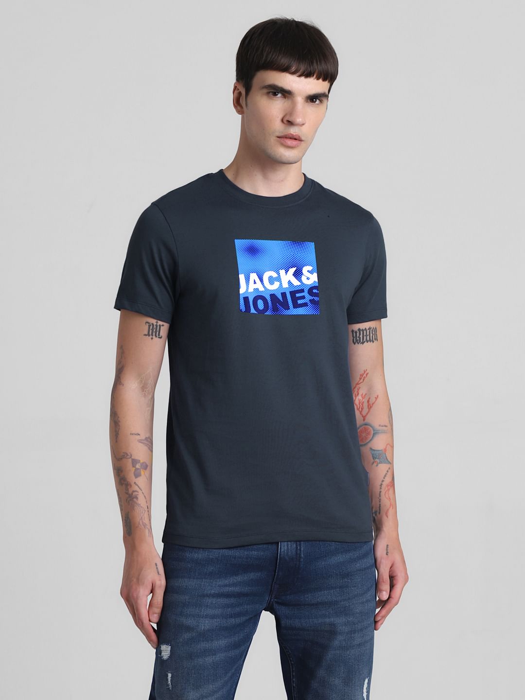 Dark Blue Logo Print Crew Neck T-shirt