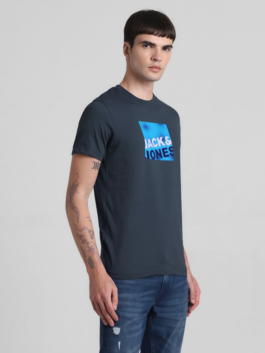 Dark Blue Logo Print Crew Neck T-shirt