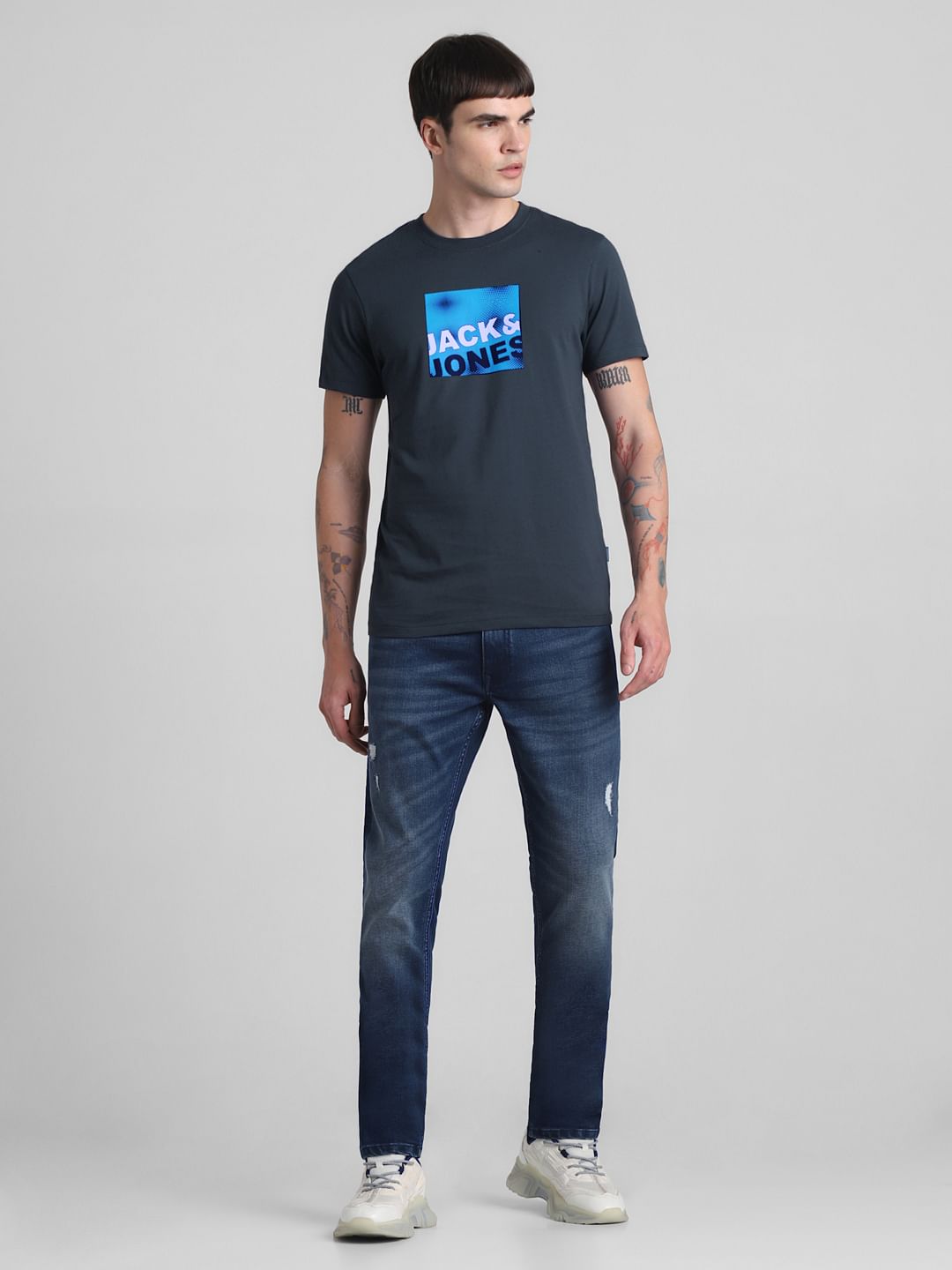 Dark Blue Logo Print Crew Neck T-shirt