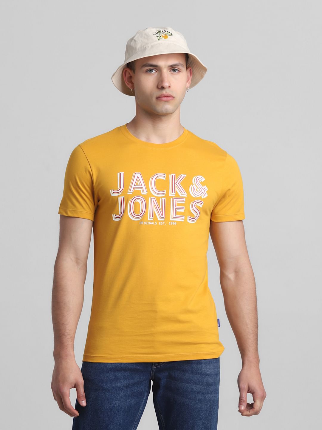 Yellow Logo Print Crew Neck T-shirt - S