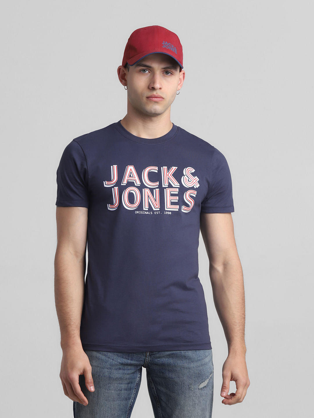 Dark Blue Logo Print Crew Neck T-shirt - S
