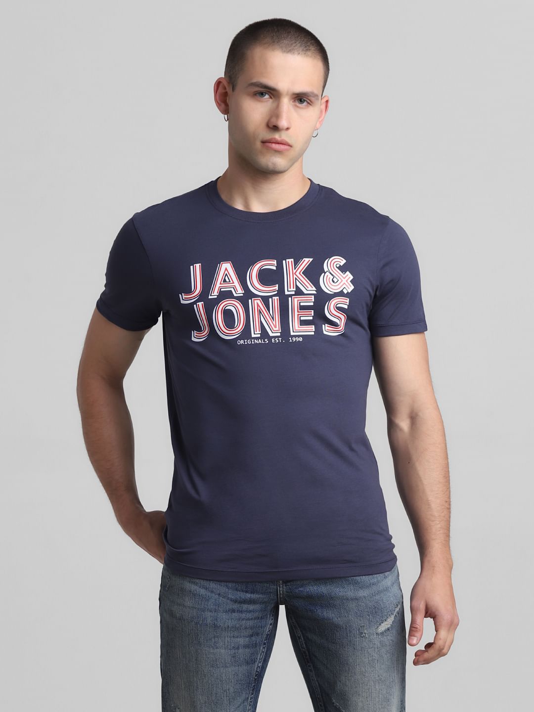 Dark Blue Logo Print Crew Neck T-shirt